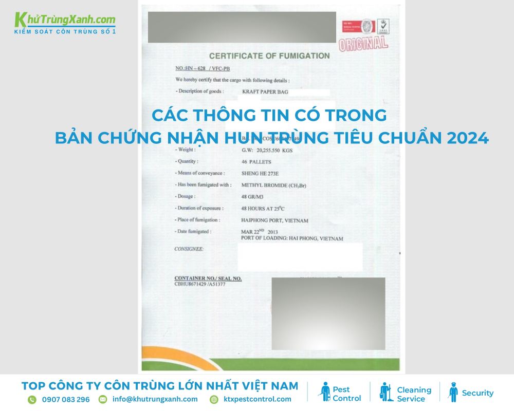 Các thông tin có trong bản chứng nhận hun trùng tiêu chuẩn 2024