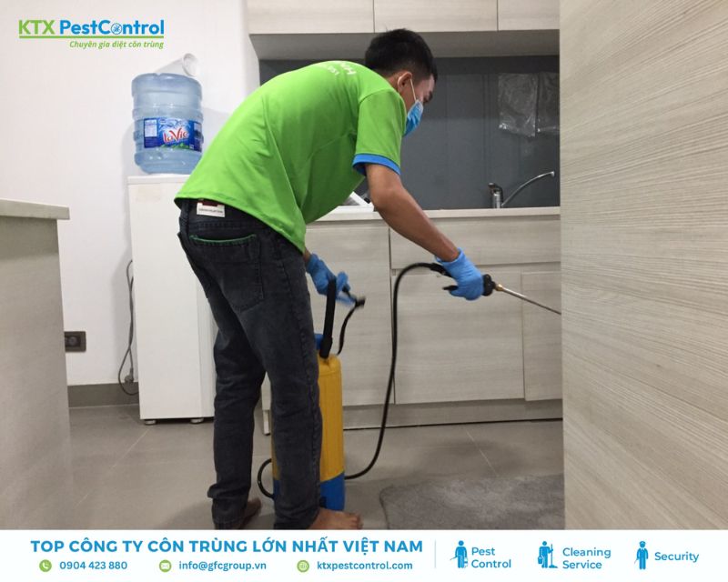 Kỹ thuật viên dịch vụ diệt mối Gò Vấp phun dung dịch phòng mối