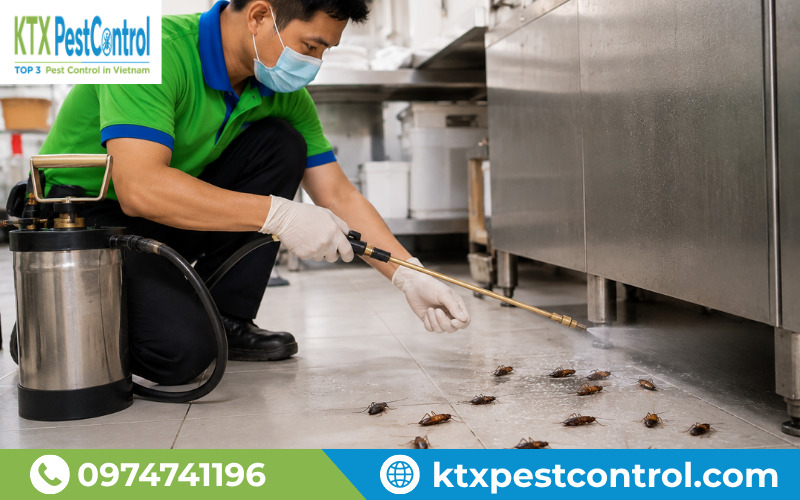 Kỹ thuật viên Diệt Côn Trùng KTX xử lý gián theo quy trình chuyên nghiệp