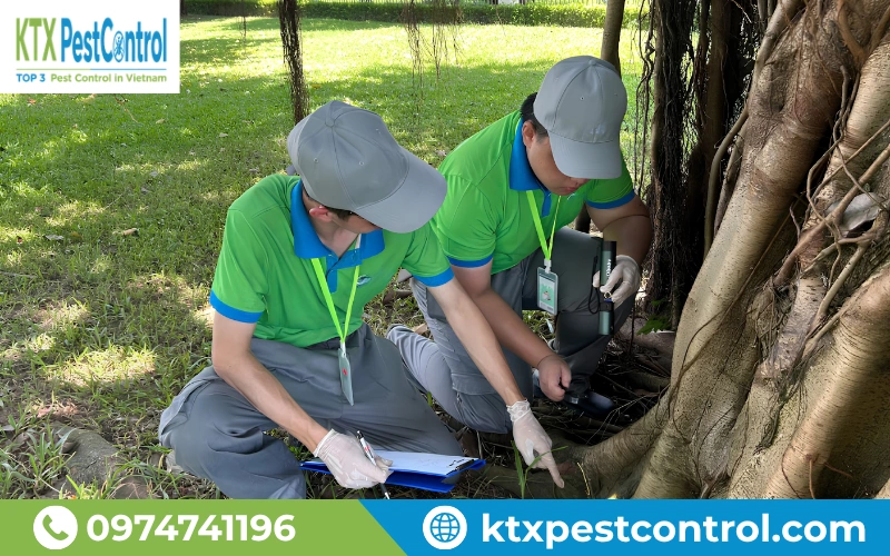 Kỹ thuật viên KTX khảo sát, ghi nhận hiện trạng và kiểm tra nguy cơ mối xâm nhập quanh gốc cây.