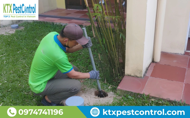 Kỹ thuật viên KTX lắp đặt hệ thống trạm bả Xterm Nhật Bản để kiểm soát và theo dõi mối.
