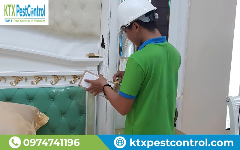 Kỹ thuật viên KTX tiến hành xử lý mối tại nhà sau khi khảo sát và chọn phương án triển khai